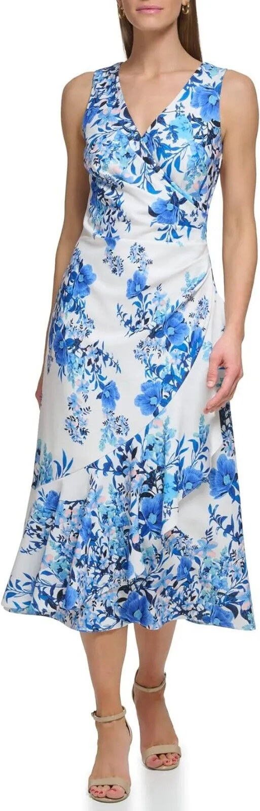 Eliza J Women Midi Style Printed Knit Sleeveless Vneck Floral Dress, Ivory Multi