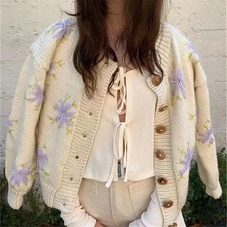 Embroidery Knit Lantern Sleeve Vintage Single-breasted Sweaters