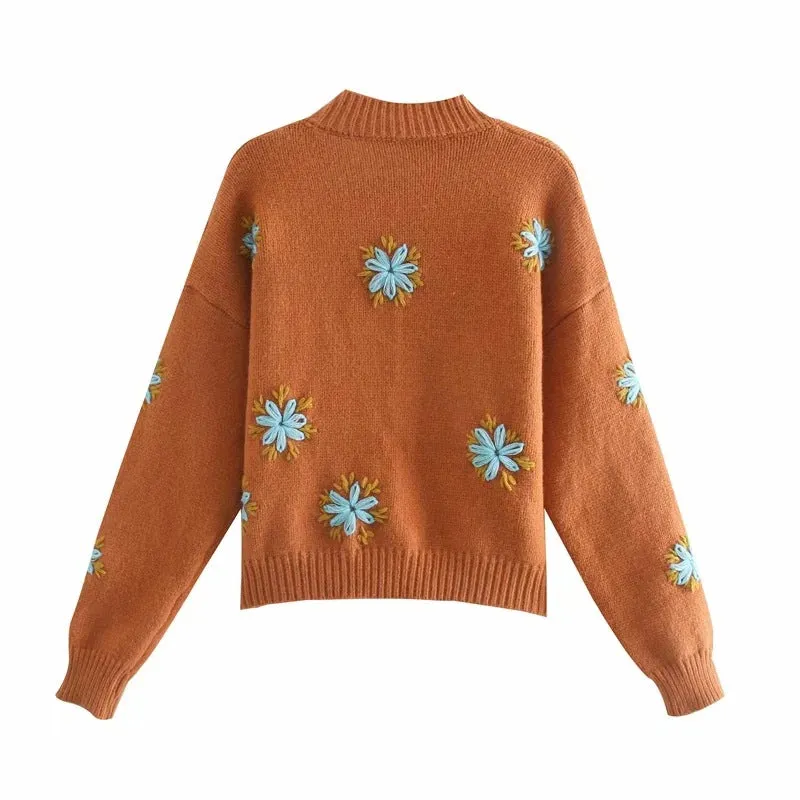 Embroidery Knit Lantern Sleeve Vintage Single-breasted Sweaters