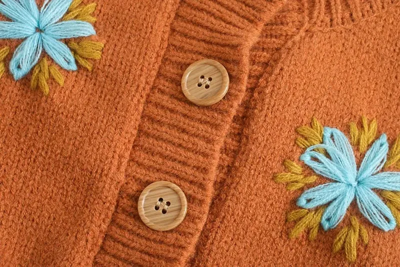 Embroidery Knit Lantern Sleeve Vintage Single-breasted Sweaters