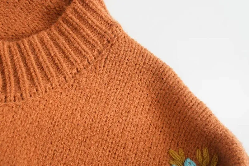 Embroidery Knit Lantern Sleeve Vintage Single-breasted Sweaters