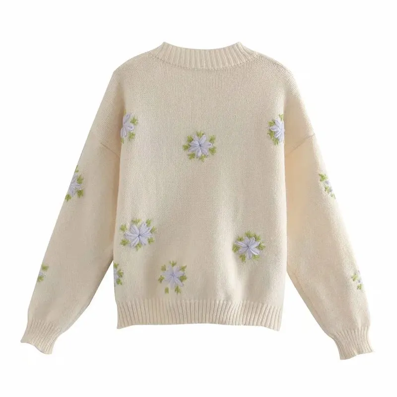 Embroidery Knit Lantern Sleeve Vintage Single-breasted Sweaters