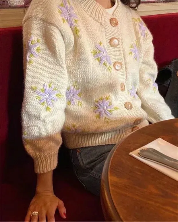 Embroidery Knit Lantern Sleeve Vintage Single-breasted Sweaters
