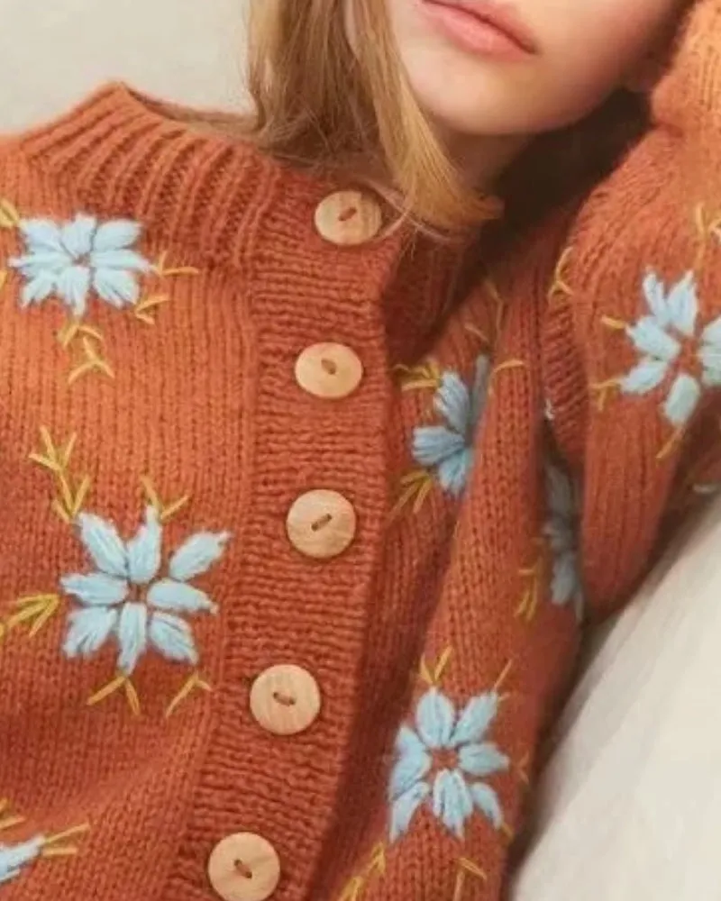 Embroidery Knit Lantern Sleeve Vintage Single-breasted Sweaters