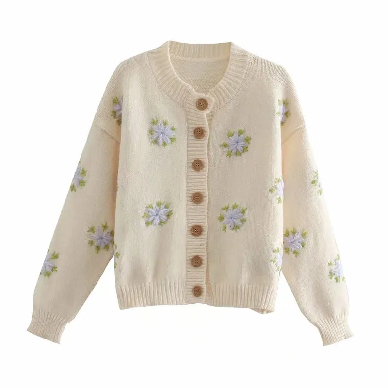Embroidery Knit Lantern Sleeve Vintage Single-breasted Sweaters