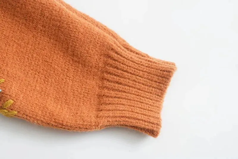 Embroidery Knit Lantern Sleeve Vintage Single-breasted Sweaters
