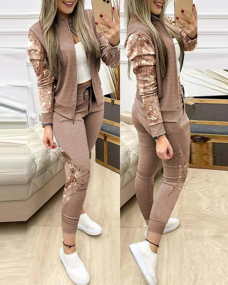 Ensemble 2 pieces pour femme / 2 Piece Set Autumn Winter Zipper Jacket   Long Pants Sports Suit Female Sweatshirt Sportswear Suit For Woman