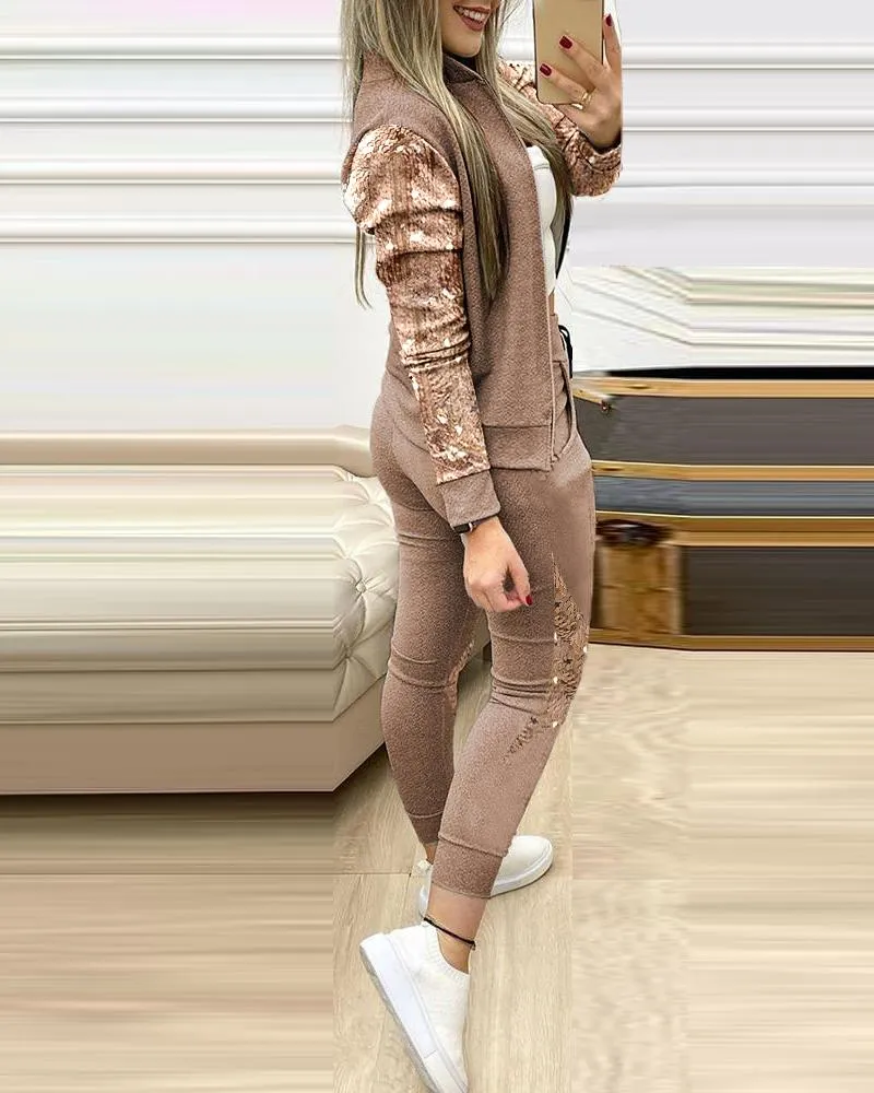 Ensemble 2 pieces pour femme / 2 Piece Set Autumn Winter Zipper Jacket   Long Pants Sports Suit Female Sweatshirt Sportswear Suit For Woman