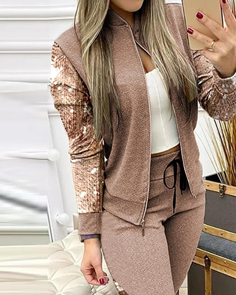 Ensemble 2 pieces pour femme / 2 Piece Set Autumn Winter Zipper Jacket   Long Pants Sports Suit Female Sweatshirt Sportswear Suit For Woman