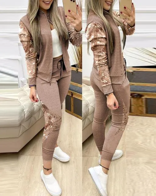 Ensemble 2 pieces pour femme / 2 Piece Set Autumn Winter Zipper Jacket   Long Pants Sports Suit Female Sweatshirt Sportswear Suit For Woman
