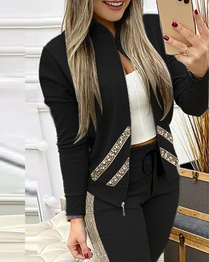 Ensemble 2 pieces pour femme / 2 Piece Set Autumn Winter Zipper Jacket   Long Pants Sports Suit Female Sweatshirt Sportswear Suit For Woman