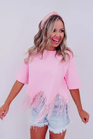 Fabulously Fringed Sequin Crop T-Shirt - Pink