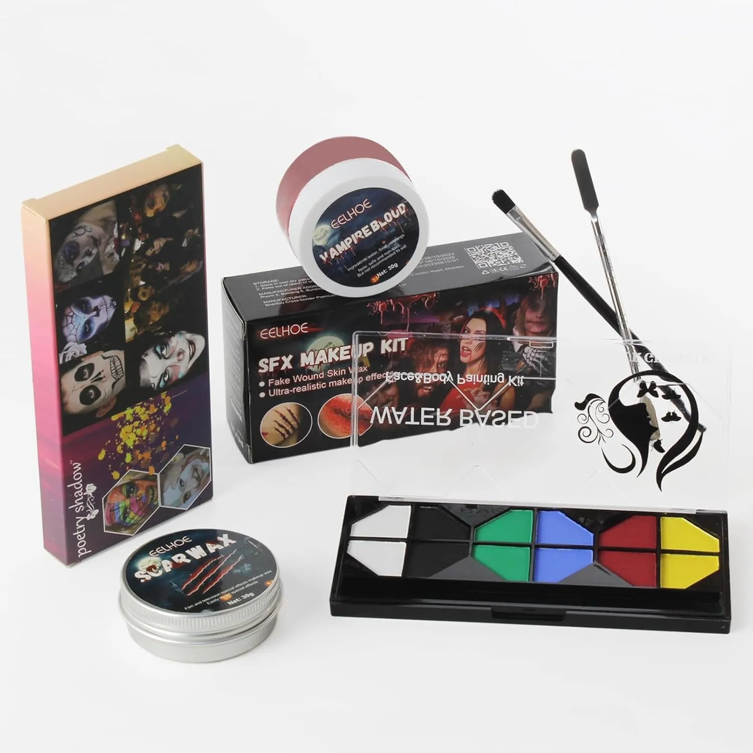 Face Painting Kit Non-Toxic Body Paint Washable 18 Colors Facepaint Makeup Kit for Adults with 10 Face Paint Brushes for Halloween Party Cosplay Makeup (Color 001)