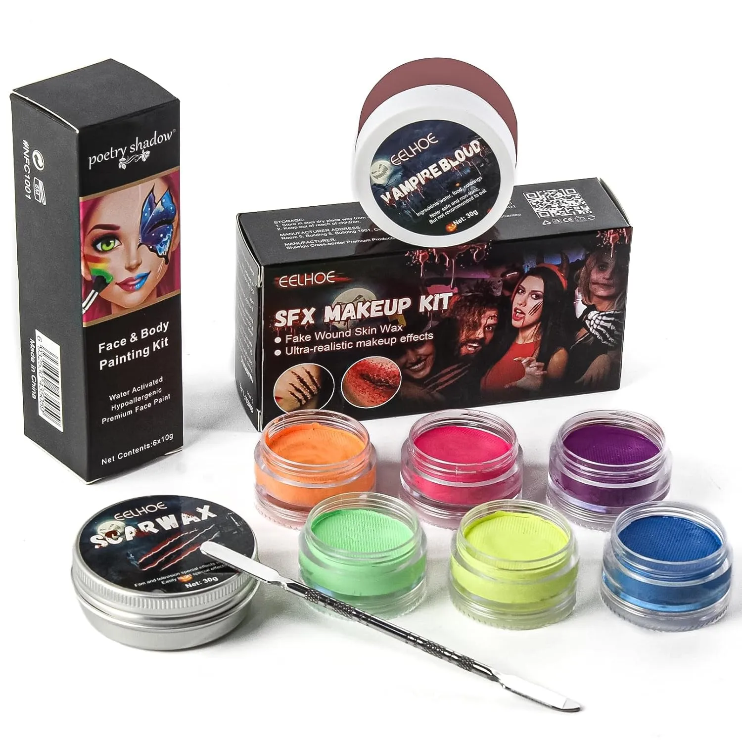 Face Painting Kit Non-Toxic Body Paint Washable 18 Colors Facepaint Makeup Kit for Adults with 10 Face Paint Brushes for Halloween Party Cosplay Makeup (Color 001)
