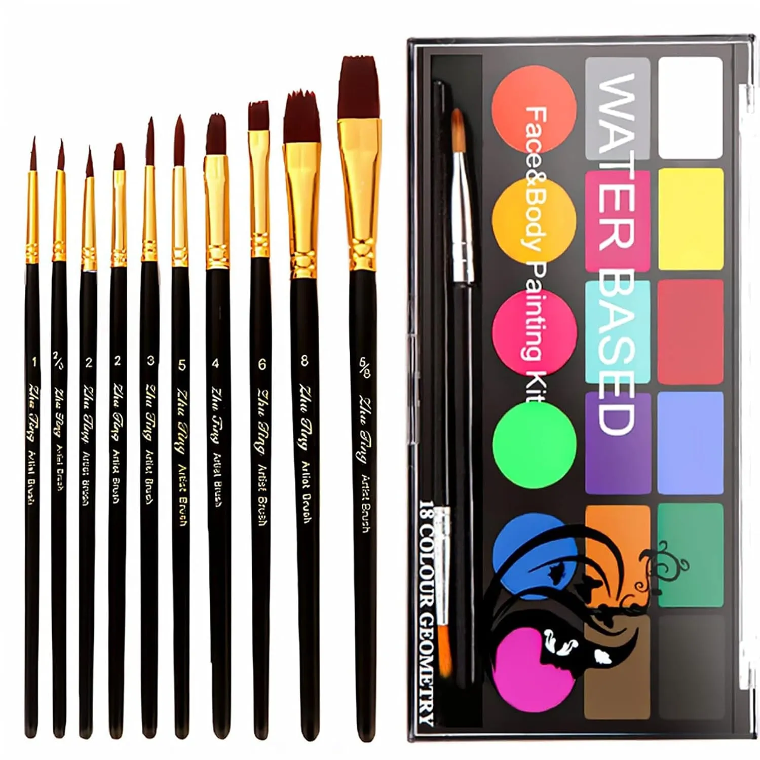 Face Painting Kit Non-Toxic Body Paint Washable 18 Colors Facepaint Makeup Kit for Adults with 10 Face Paint Brushes for Halloween Party Cosplay Makeup (Color 001)