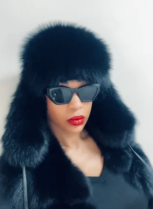 Fallon Aurielle Trapper Fox Fur & Leather Hat (Black)