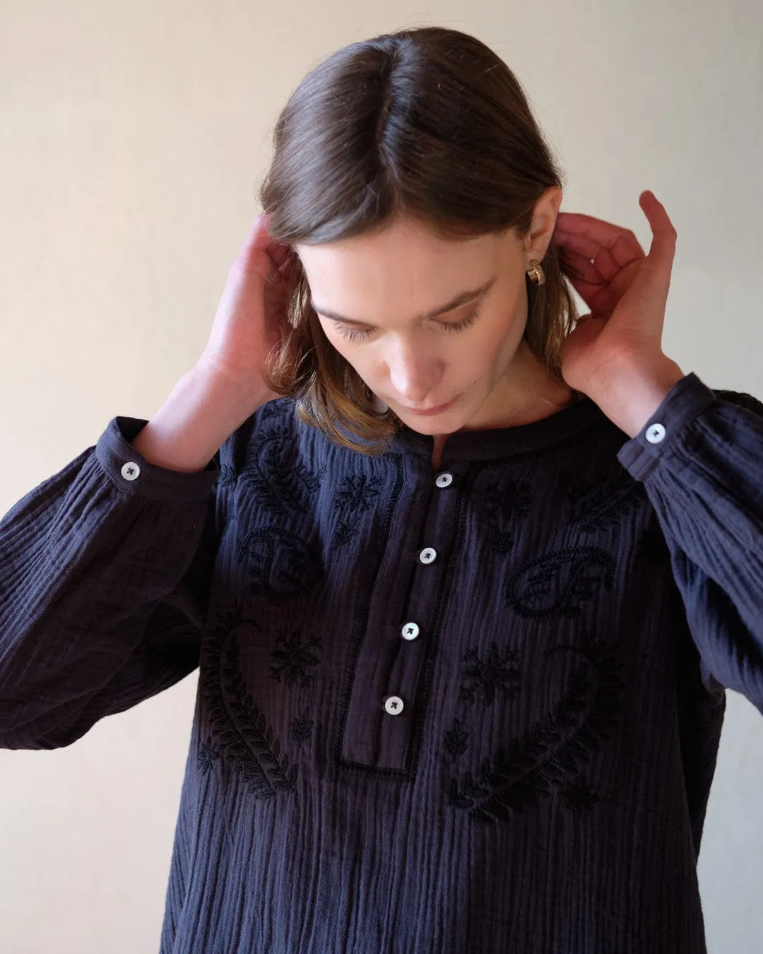 Fara Embroidered Cotton Blouse | Grey