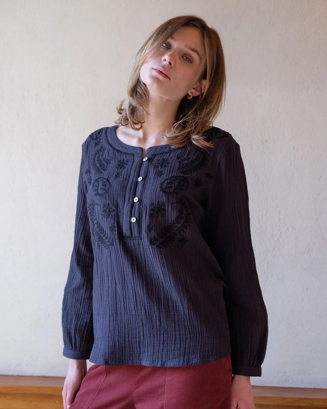 Fara Embroidered Cotton Blouse | Grey