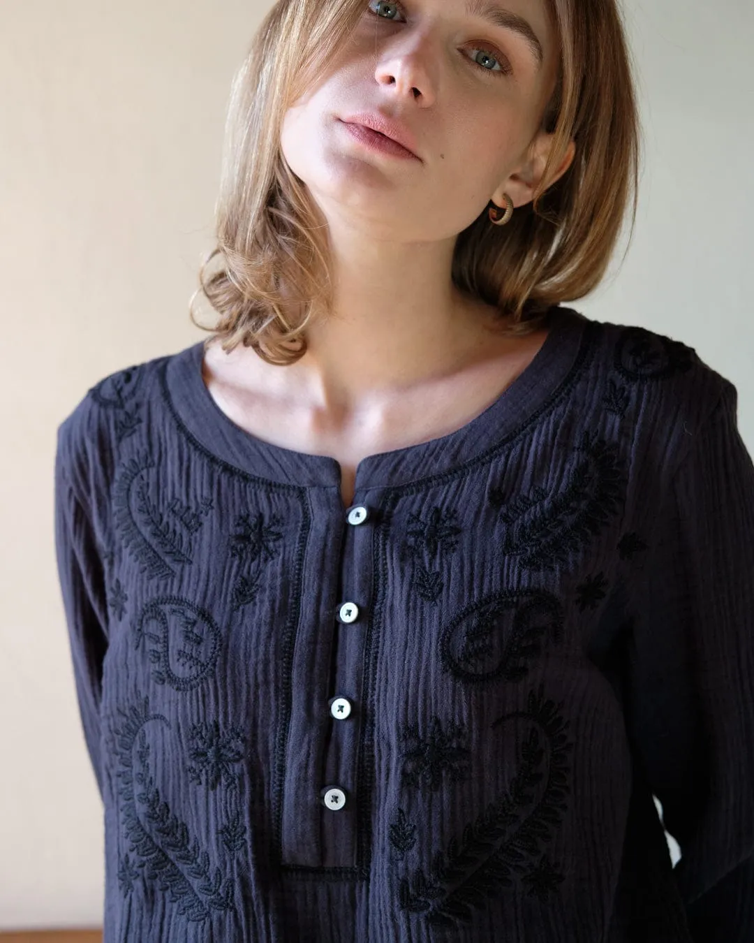 Fara Embroidered Cotton Blouse | Grey
