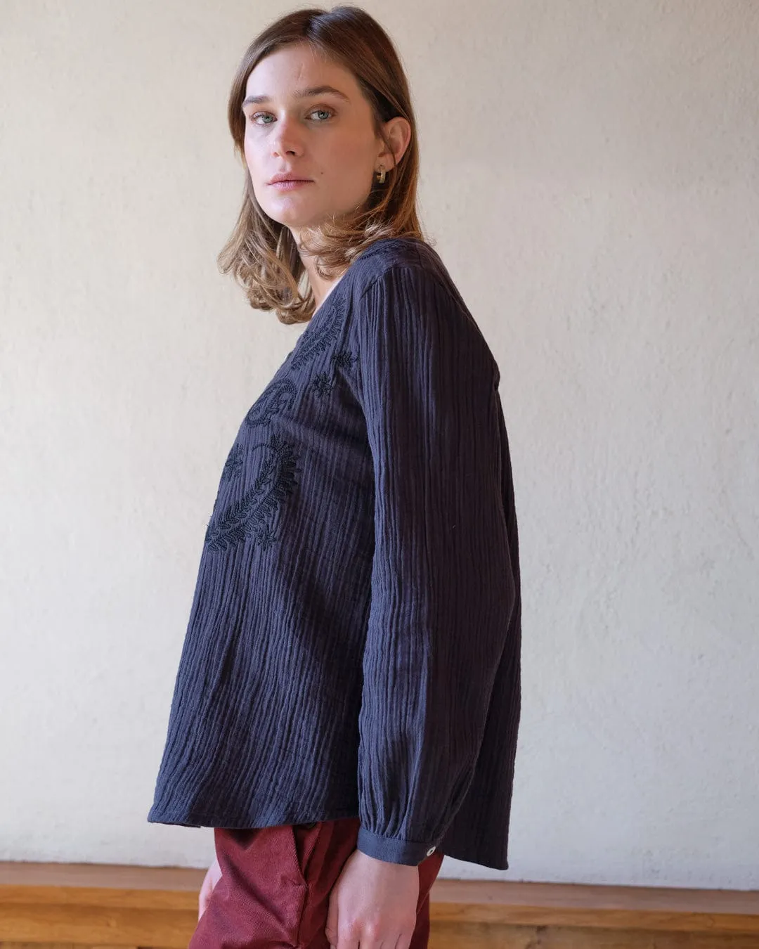 Fara Embroidered Cotton Blouse | Grey
