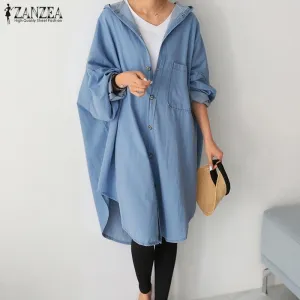 Fashion Denim Blue Coats Women's Asymmetrical Outwear 2020 ZANZEA Cardigans  Sleeve Button Jackets Female Hooded Jean Top