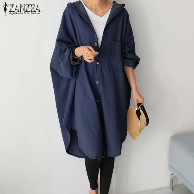 Fashion Denim Blue Coats Women's Asymmetrical Outwear 2020 ZANZEA Cardigans  Sleeve Button Jackets Female Hooded Jean Top