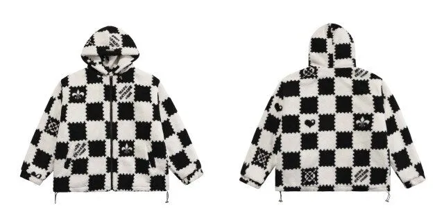Fashion Plaid  Print Lambswool Winter Jacket Couple Streetwear