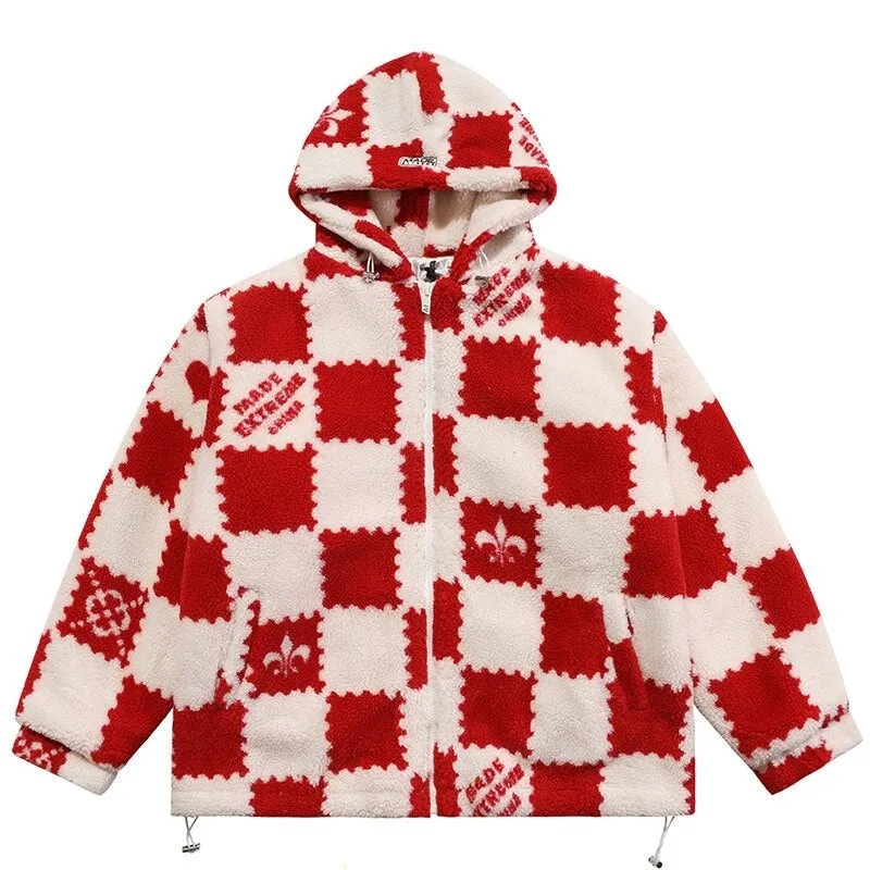 Fashion Plaid  Print Lambswool Winter Jacket Couple Streetwear