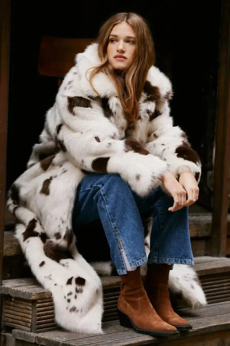 Faux Fur Cow Print Coat – Cozy Chic Statement Outerwear