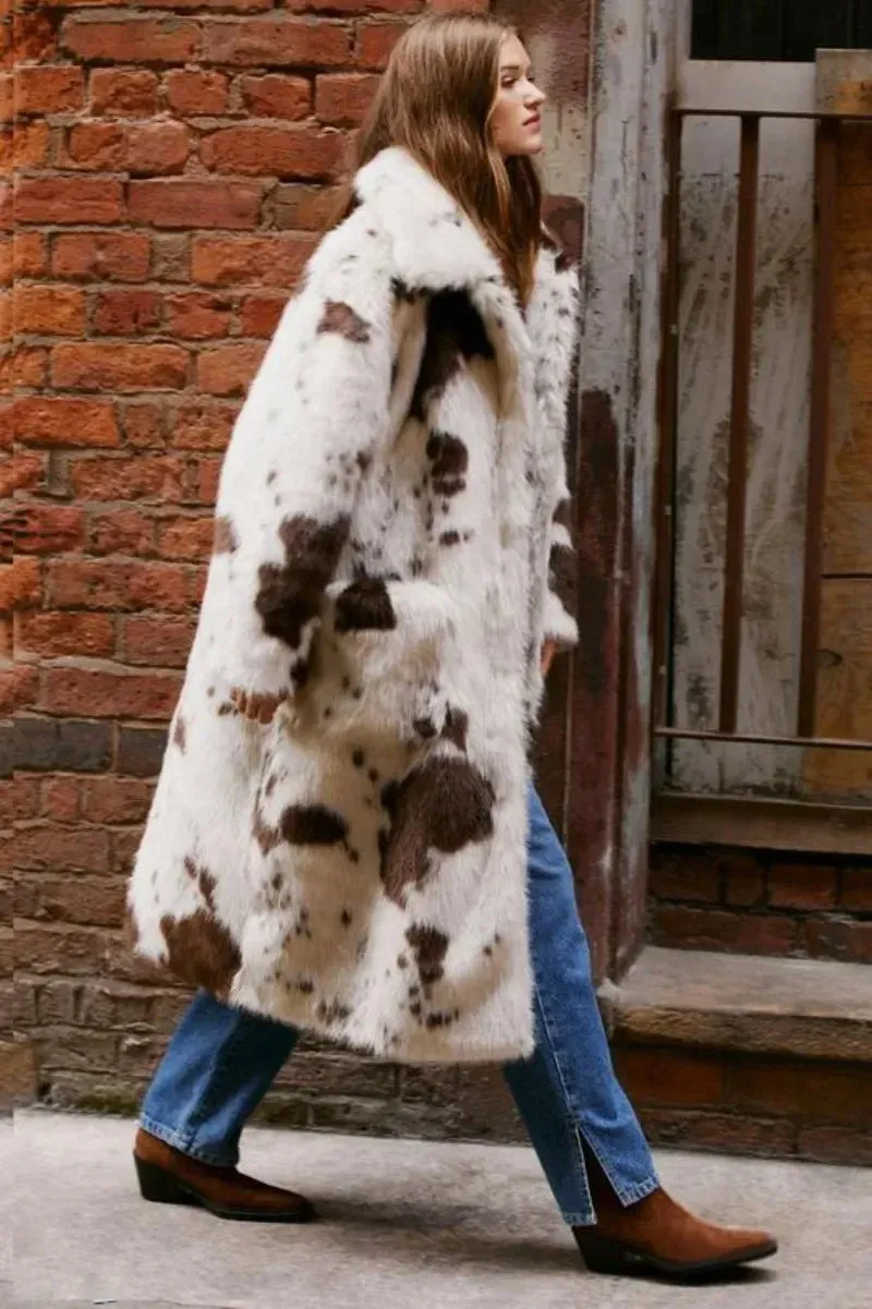Faux Fur Cow Print Coat – Cozy Chic Statement Outerwear