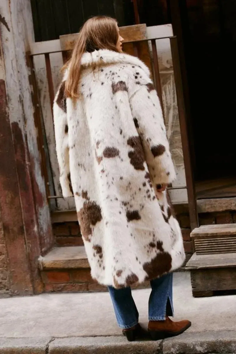 Faux Fur Cow Print Coat – Cozy Chic Statement Outerwear
