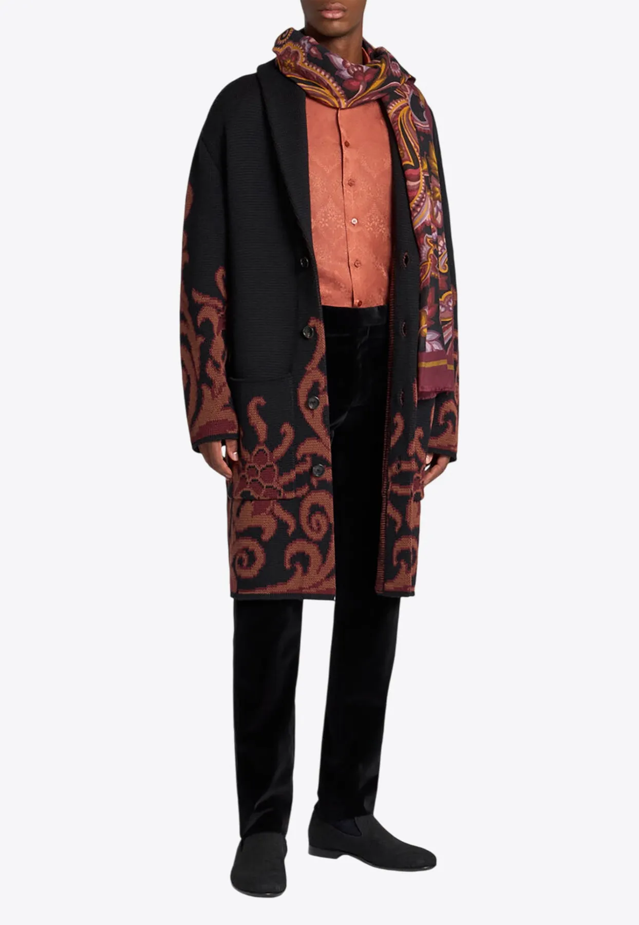 Floral Jacquard Single-Breasted Coat