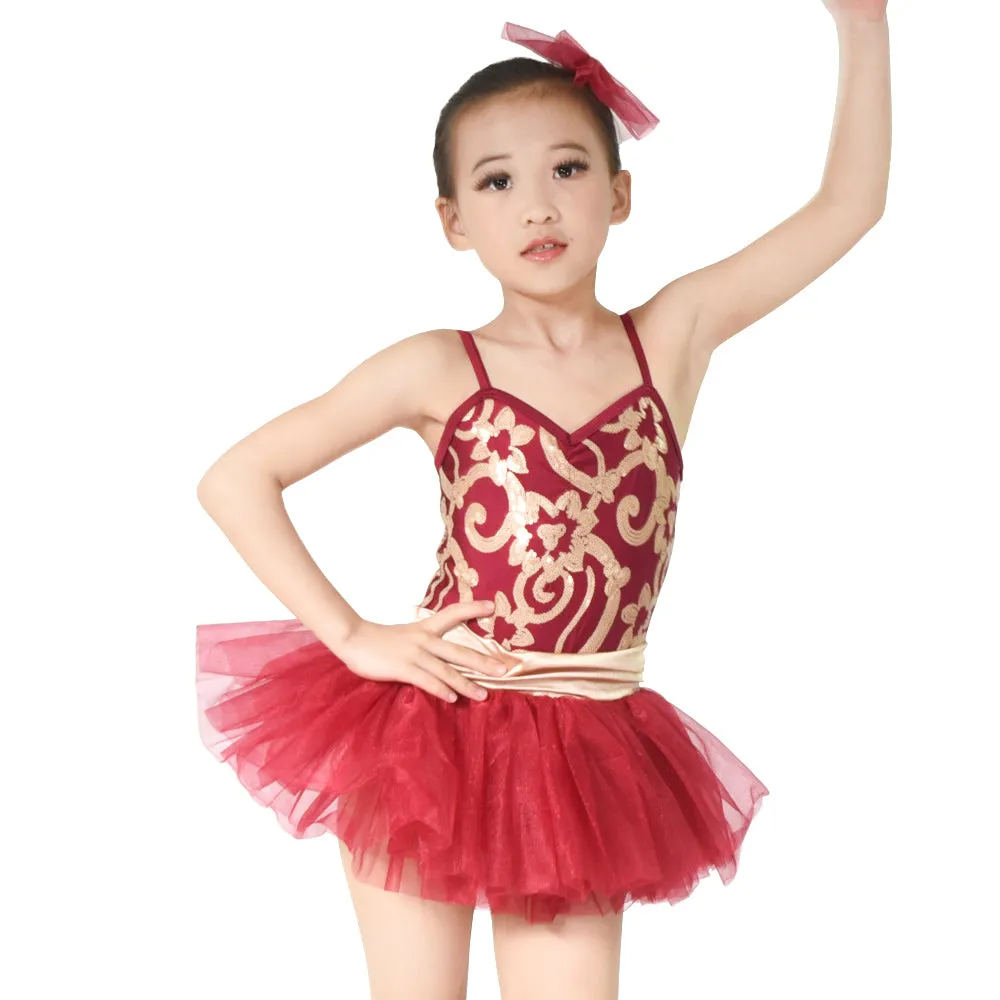 Floral Sequined Tutu Dress Dance Costume Performance Clothes for Girls