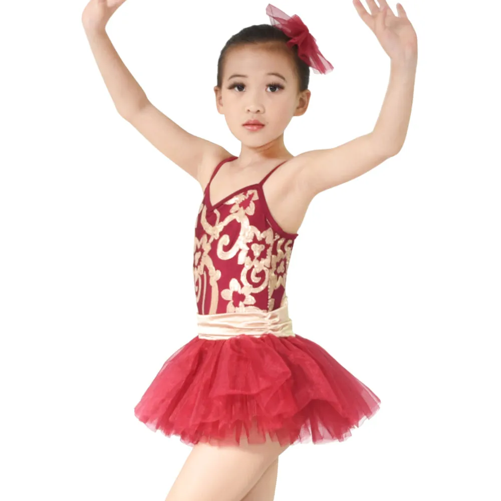Floral Sequined Tutu Dress Dance Costume Performance Clothes for Girls