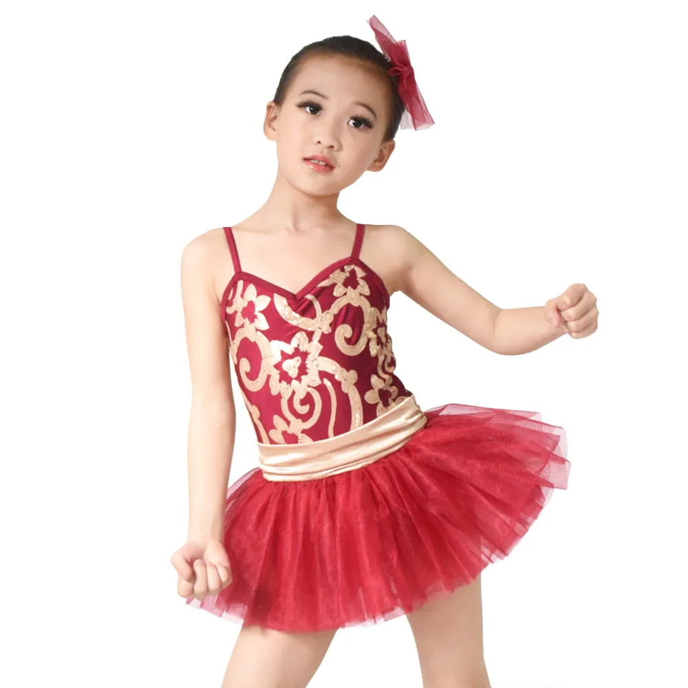 Floral Sequined Tutu Dress Dance Costume Performance Clothes for Girls