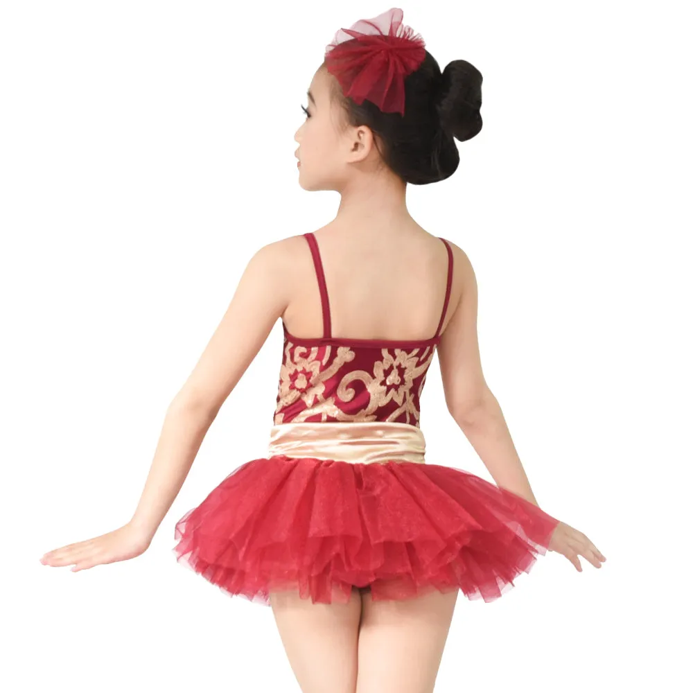 Floral Sequined Tutu Dress Dance Costume Performance Clothes for Girls