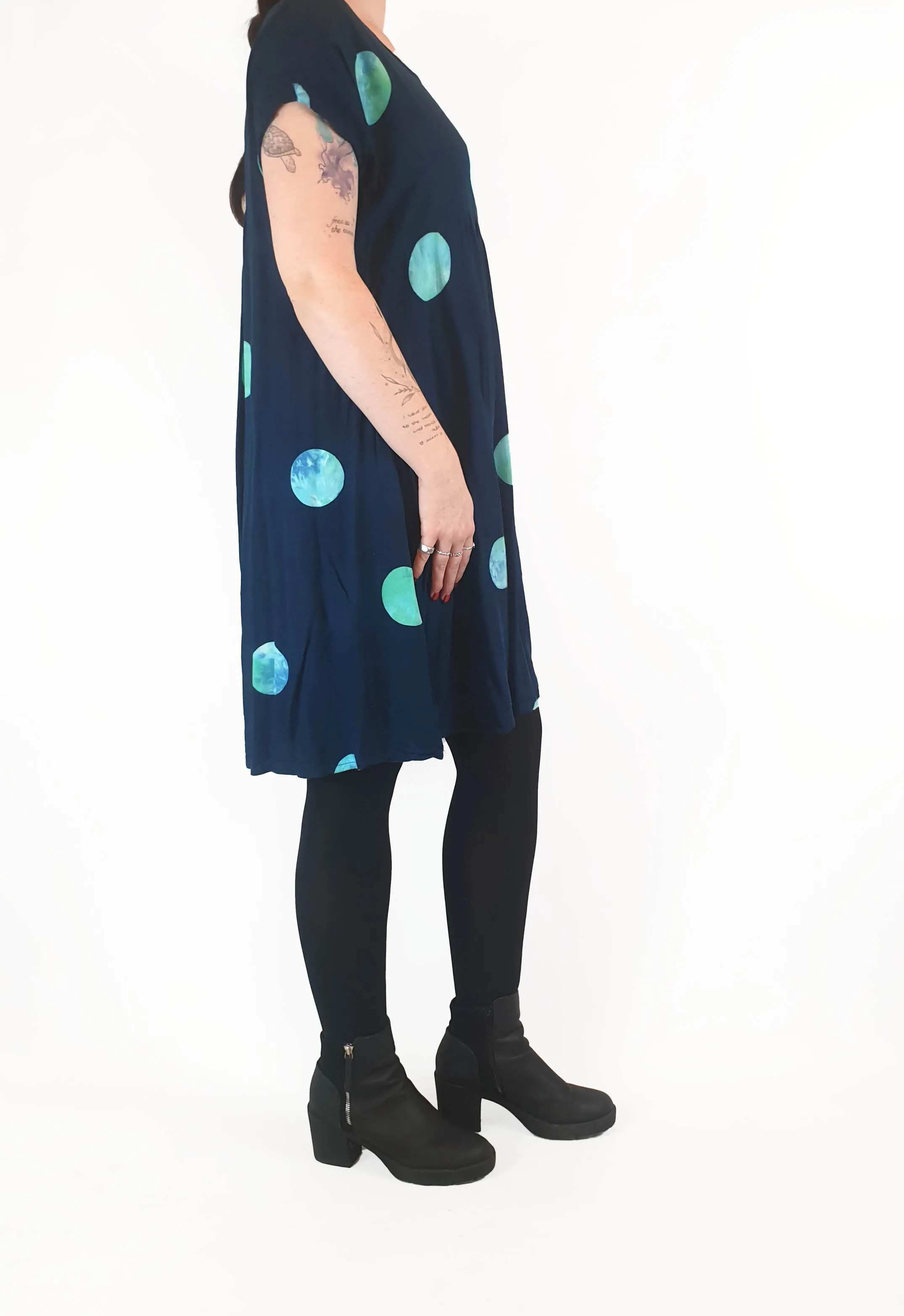 Frank & Dolly's navy dress with large blue polka dots size M