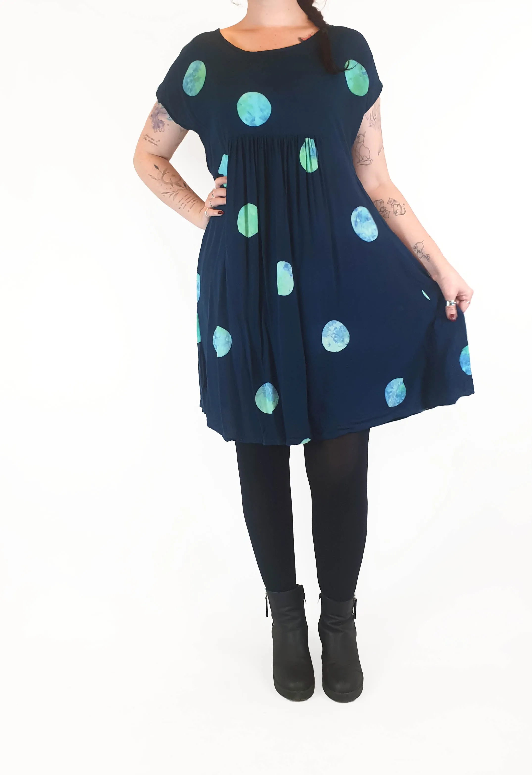 Frank & Dolly's navy dress with large blue polka dots size M