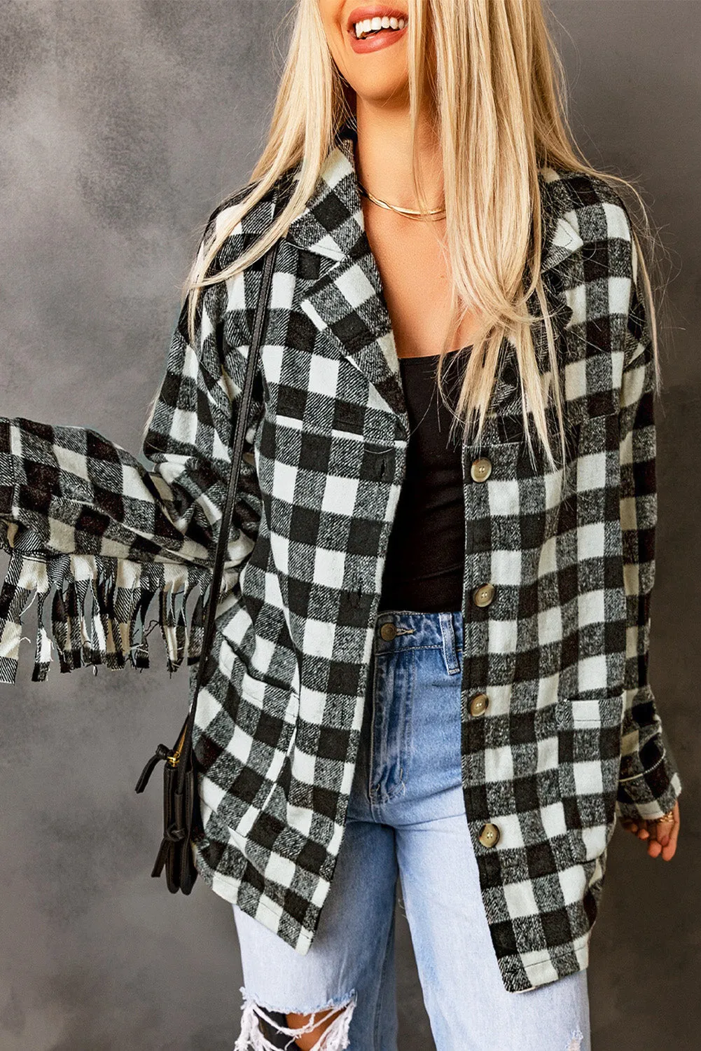 Fringed Plaid Print Shacket