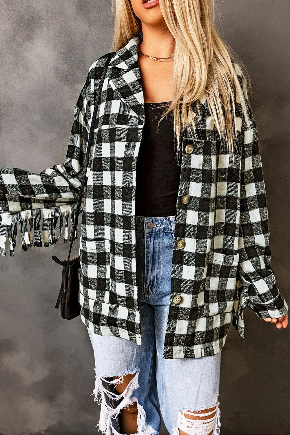 Fringed Plaid Print Shacket