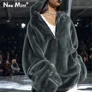 Fur Affordable delivery Coat Warm Jacket Pocket Plush Fur Big ticket savings Runaway Faux Fake Women Zip Hooded Long Brand Overcoats Rabbit Luxury Fashion Big