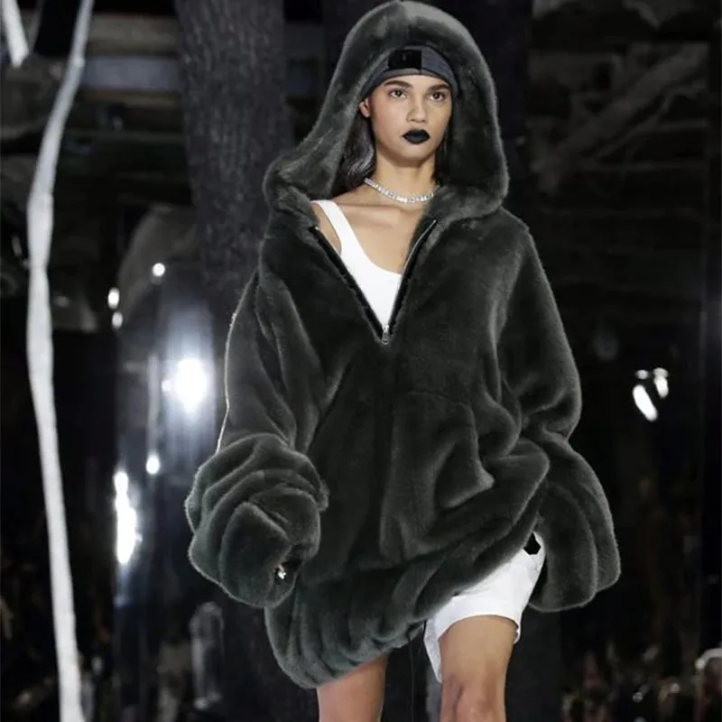 Fur Affordable delivery Coat Warm Jacket Pocket Plush Fur Big ticket savings Runaway Faux Fake Women Zip Hooded Long Brand Overcoats Rabbit Luxury Fashion Big