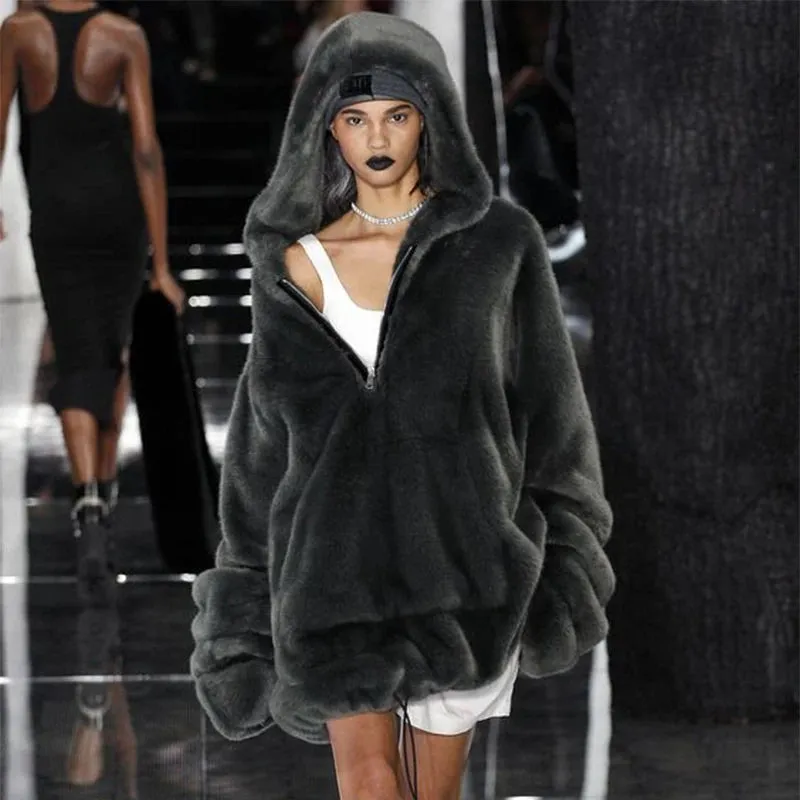 Fur Affordable delivery Coat Warm Jacket Pocket Plush Fur Big ticket savings Runaway Faux Fake Women Zip Hooded Long Brand Overcoats Rabbit Luxury Fashion Big