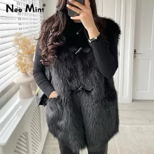 Fur Shaggy Winter Value-for-money Faux Gilets Vest Overcoats Luxury Mink Long Casaco Sleeveless Competitive pricing Women Brand Horn Buttons Tops Waistcoat Ladies