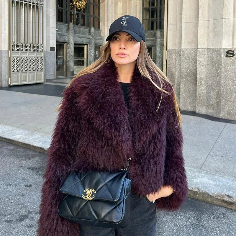 Fur Shawl Collar High-end design Women Iconic Fur Lamb Jacket AI-powered Fashion Hot Winter Faux Burgundy Blogger Trendy Overcoat Coat Girls