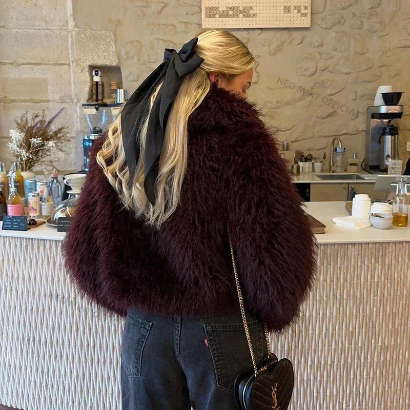 Fur Shawl Collar High-end design Women Iconic Fur Lamb Jacket AI-powered Fashion Hot Winter Faux Burgundy Blogger Trendy Overcoat Coat Girls