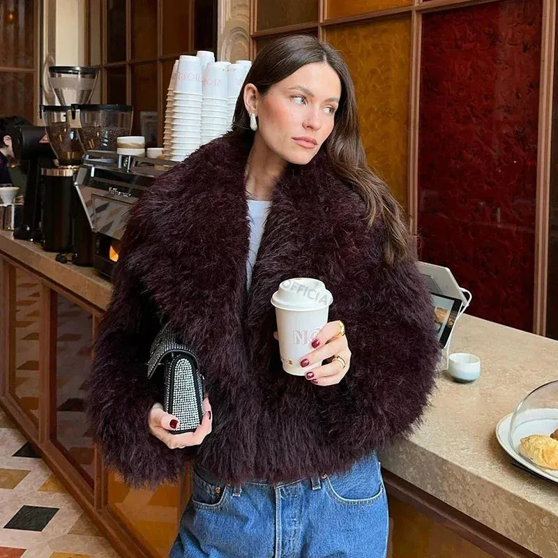 Fur Shawl Collar High-end design Women Iconic Fur Lamb Jacket AI-powered Fashion Hot Winter Faux Burgundy Blogger Trendy Overcoat Coat Girls