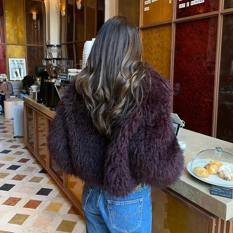 Fur Shawl Collar High-end design Women Iconic Fur Lamb Jacket AI-powered Fashion Hot Winter Faux Burgundy Blogger Trendy Overcoat Coat Girls