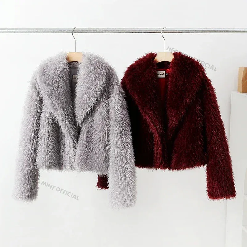 Fur Shawl Collar High-end design Women Iconic Fur Lamb Jacket AI-powered Fashion Hot Winter Faux Burgundy Blogger Trendy Overcoat Coat Girls