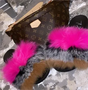 Fur Slides- Fuchsia Tan and Black